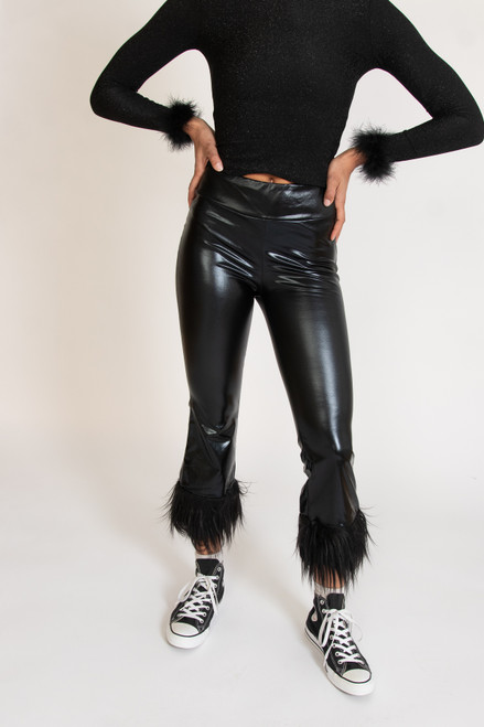 Metallic Fur Trim Flare Pants