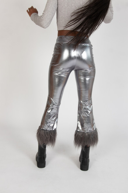 Metallic Fur Trim Flare Pants