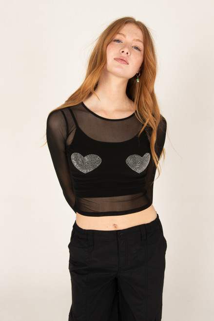 Crystal Hearts Mesh Long Sleeve Top