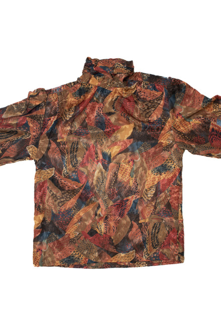 Vintage Copper Feather Print Scrunch Mock Neck Jean de Pierre Button Up Shirt