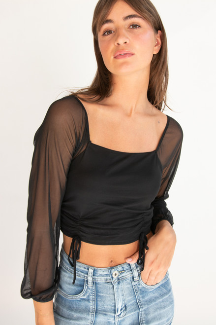 Mesh Ruched Front Long Sleeve Top