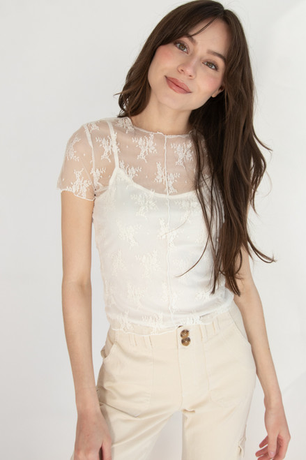 Floral Lace Mesh Tee With Cami