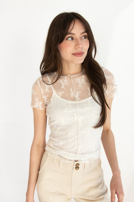 Floral Lace Mesh Tee With Cami