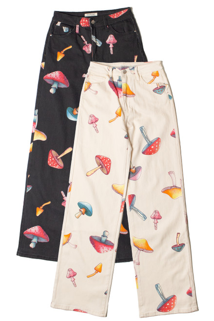 Large Mushroom Print Wide Leg Jeans