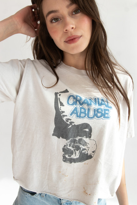 Vintage Cranial Abuse Cropped Raw Hem T-Shirt (1980s)