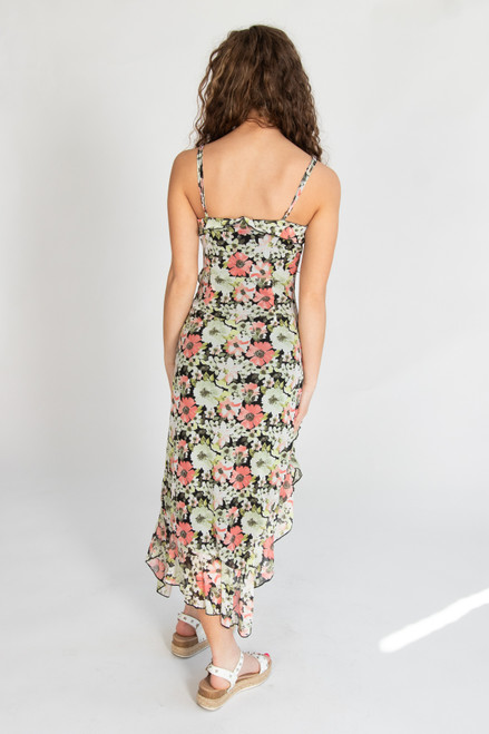 Floral Asymmetrical Hem Ruffle Mesh Midi Dress