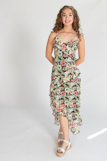 Floral Asymmetrical Hem Ruffle Mesh Midi Dress