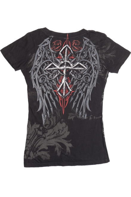 Angel Wings Rhinestone Cross Print Affliction-Style V-Neck T-Shirt