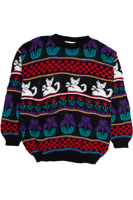 Cat & Tulip Checkerboard Knit 80s Sweater