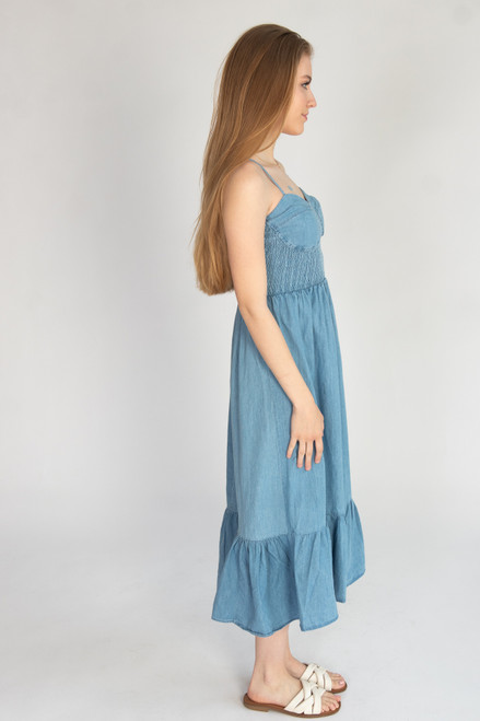 Smocked Bodice Chambray Maxi Dress