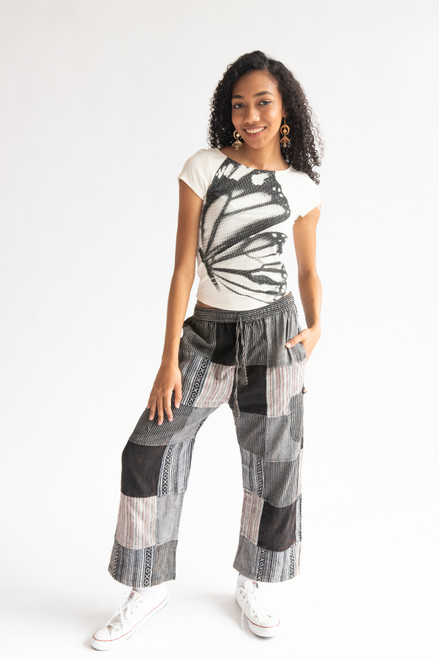 Black Patchwork Pants with pockets