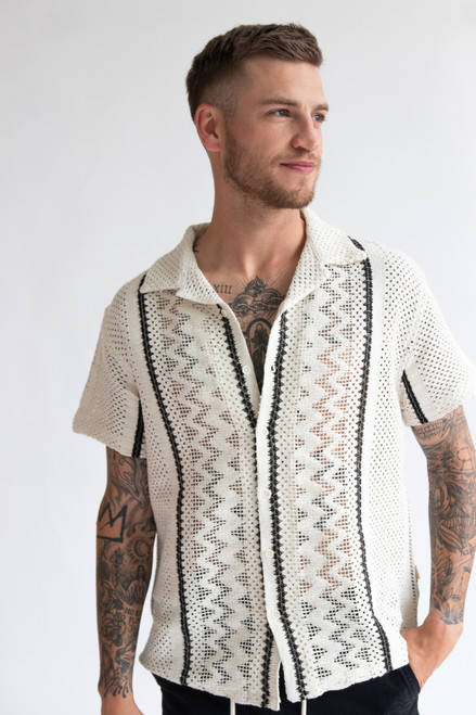 Stripe Cabana Crochet Button Up Shirt