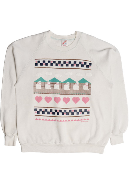 Vintage 1989 Cats & Checkered Hearts Embossed Print Sweatshirt