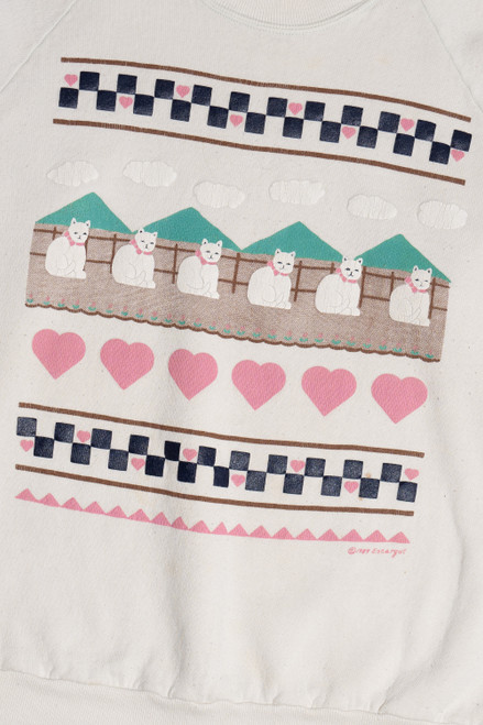 Vintage 1989 Cats & Checkered Hearts Embossed Print Sweatshirt