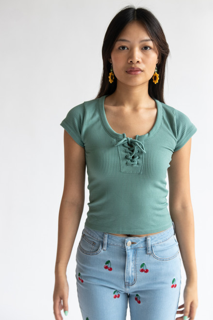 Waffle Knit Lace Up Seamless Tee