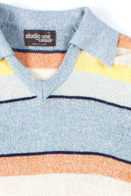 Pastel Striped Collared Short Sleeve Sweater