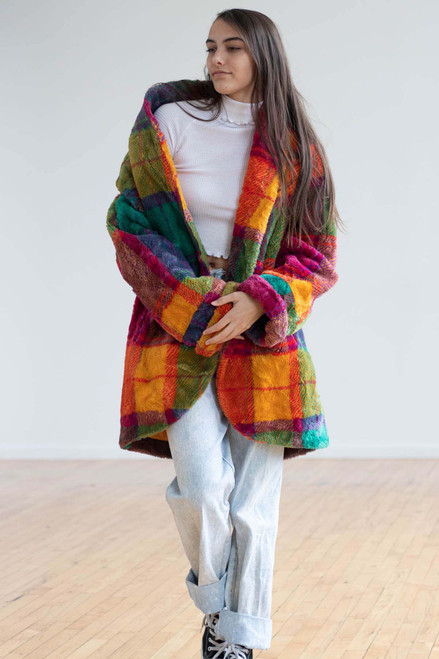 Retro Neon Plaid Fur Coat