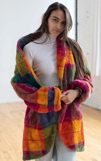 Retro Neon Plaid Fur Coat