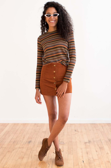 Brown Corduroy Snap Front Miniskirt
