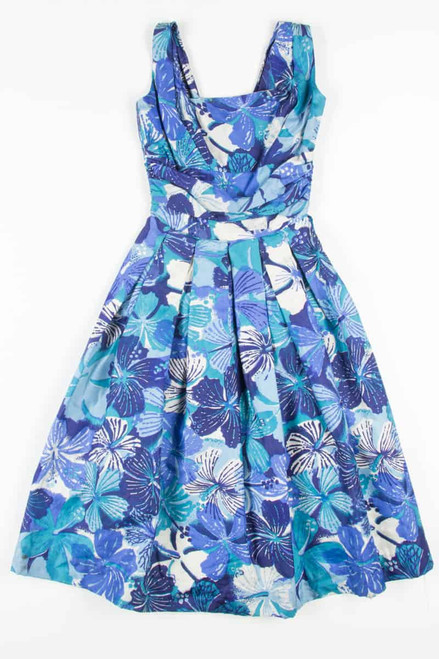 Blue Hawaiian Print Silk Dress