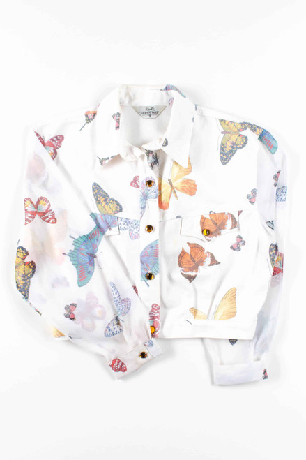 Butterflies Mesh Sleeve Denim Jacket