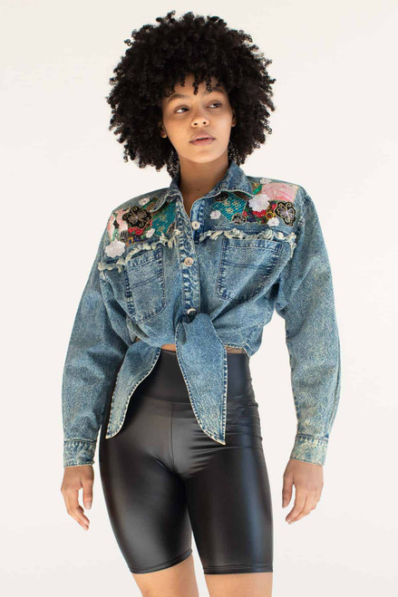 Vintage Cropped Tie Front Embellished Denim Jacket