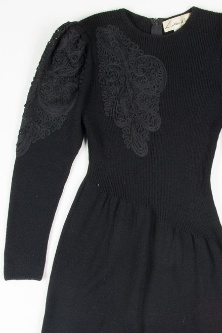 Vintage 80s Black Ribbed Embroidered Dress