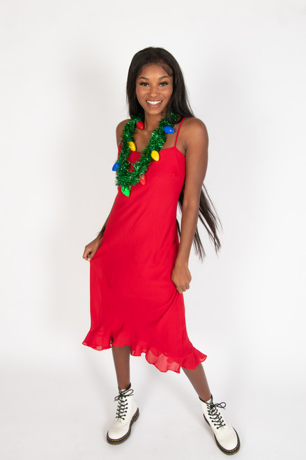 Red Chiffon Ruffle Evening Dress