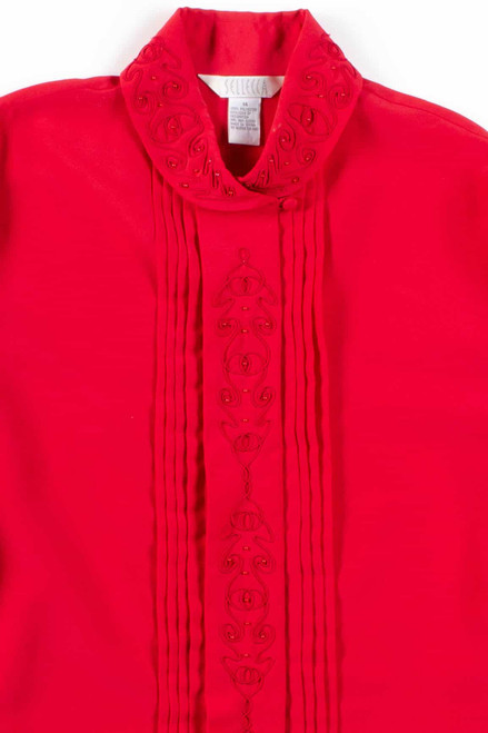 Red Pleated Embroidered Blouse