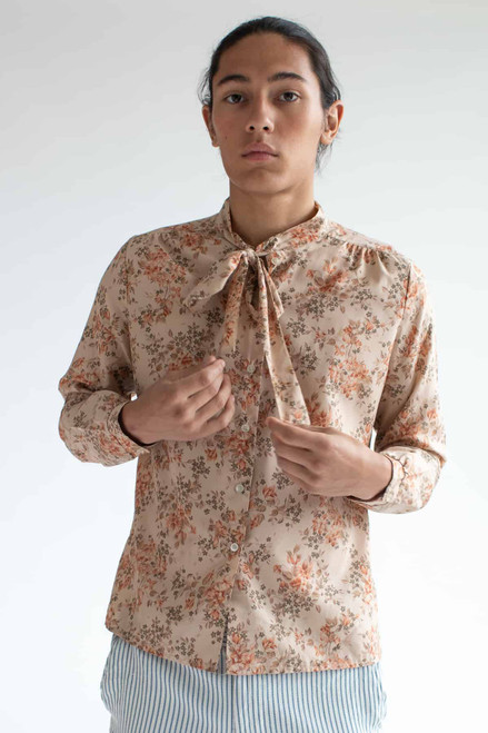 Tan Floral Tie Neck Blouse