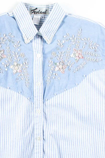 Beaded Floral Stripe Button Up Shirt