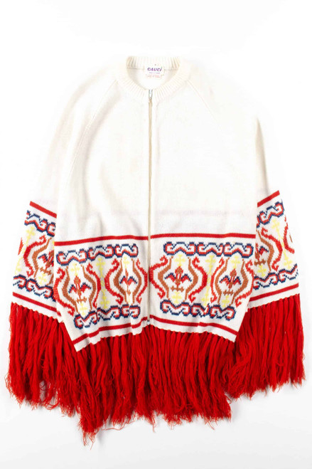 White & Red Knit Vintage Poncho