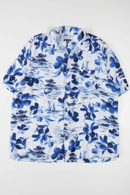 Indigo Watercolor Flowers & Sailboats Hawaiian Shirt