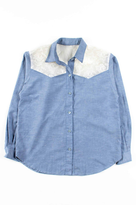 Lace Shoulder Chambray Button Up Blouse