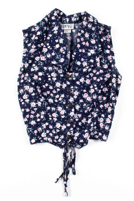 Navy Floral Sleeveless Button Up Top