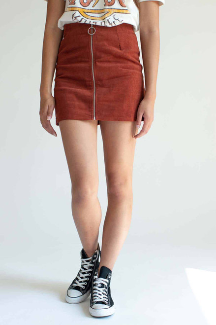 Brown Zip Front Corduroy Skirt