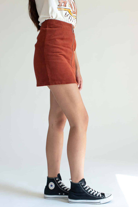 Brown Zip Front Corduroy Skirt