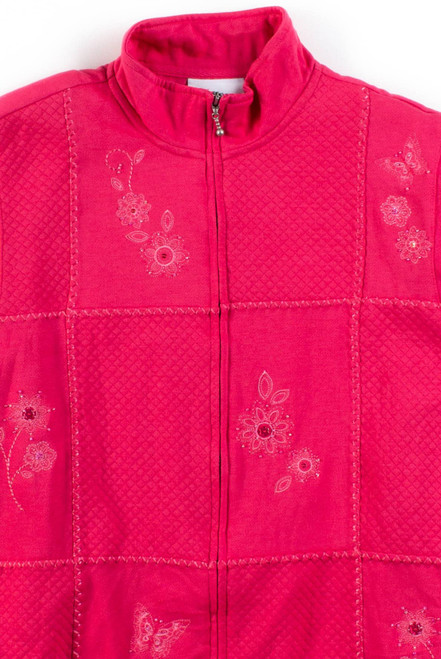 Pink Floral Beaded Zip Sweatshirt