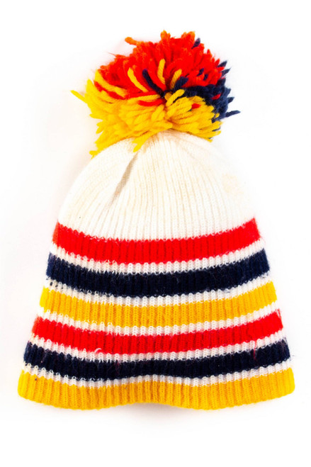 Yellow & White Striped Pom Pom Vintage Beanie