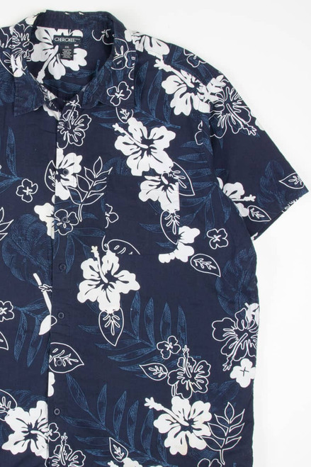 Blue 90s Hibiscus Print Hawaiian Shirt 1842