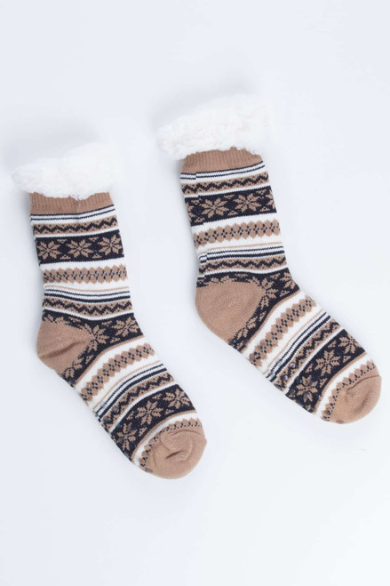 Taupe Fair Isle Sherpa Lined Socks