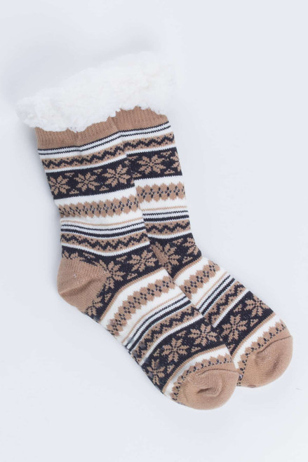 Taupe Fair Isle Sherpa Lined Socks