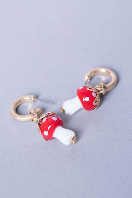 Red Mushroom Drop Hoop Earrings