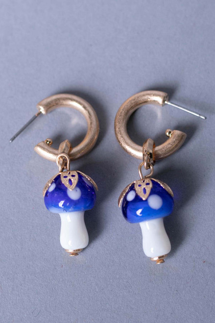 Blue Mushroom Drop Hoop Earrings