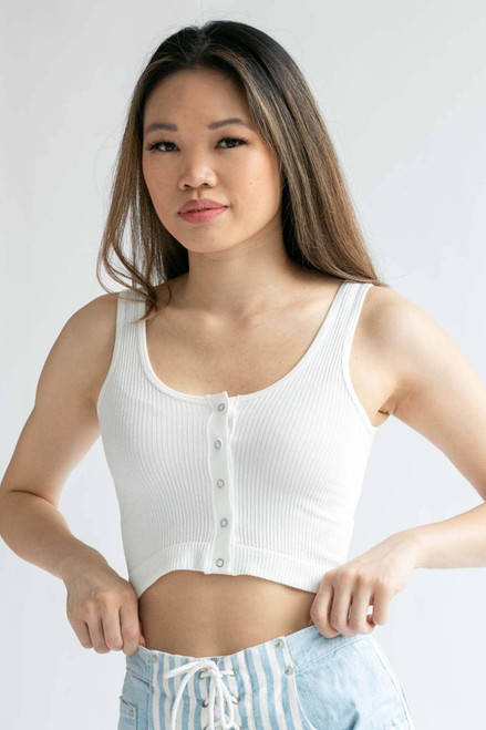 White Ribbed Seamless Snap Front Crop Top