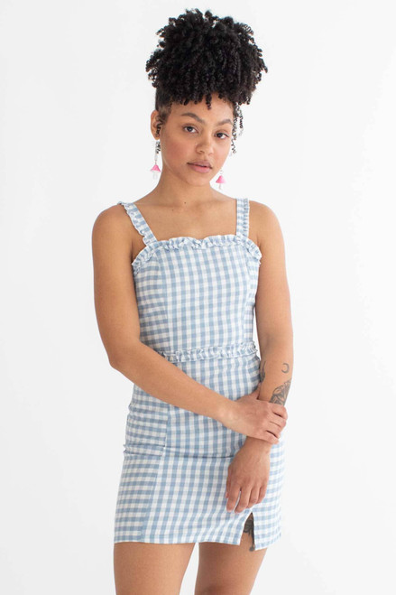 Blue Gingham Ruffle Strap Dress