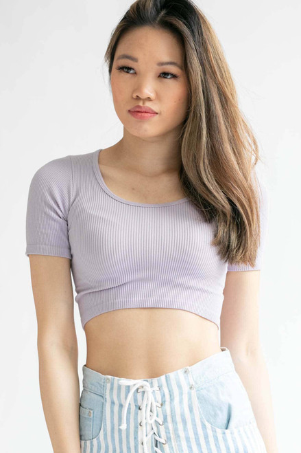 Lilac Ribbed Seamless Scoop Neck Crop Tee