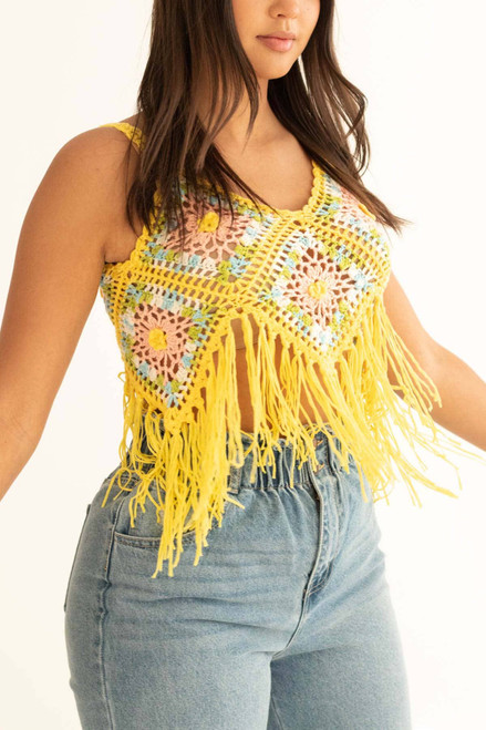 Yellow Floral Crochet Fringe Top