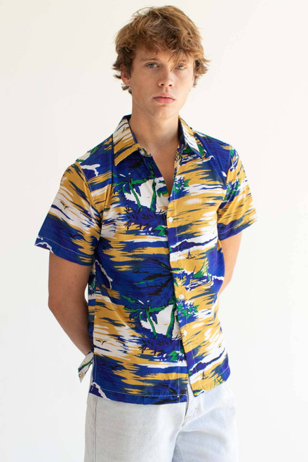 Blue & Mustard Beach Scene Hawaiian Shirt