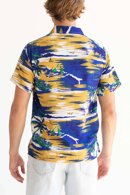 Blue & Mustard Beach Scene Hawaiian Shirt